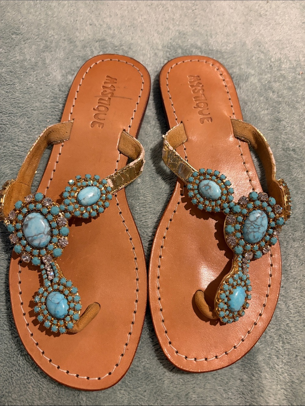 Mystique Boutique Brown Sandals with Turquoise Bead Accents
